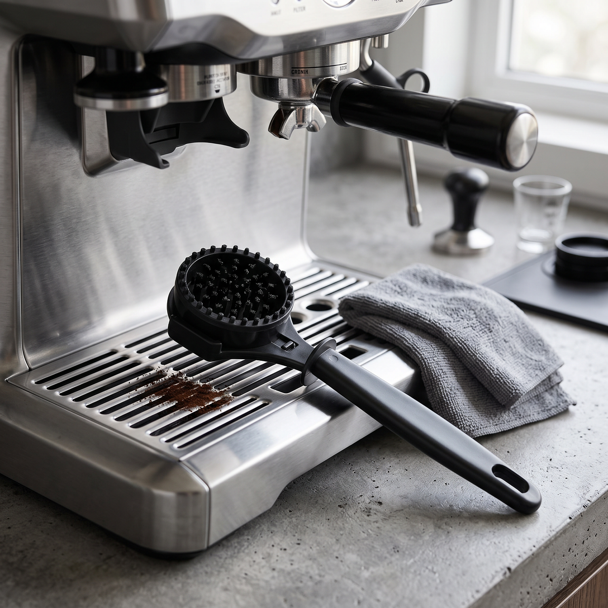 Espresso group head cleaning brush resting below a home espresso machine group head