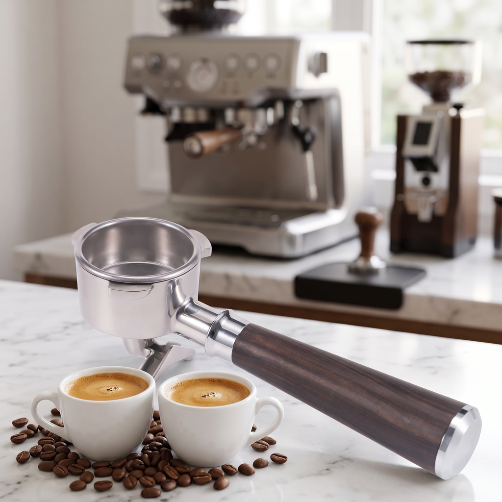 54mm dual-spout portafilter with wood handle on a marble espresso bar with two espresso cups