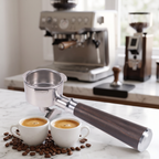 54mm dual-spout portafilter with wood handle on a marble espresso bar with two espresso cups