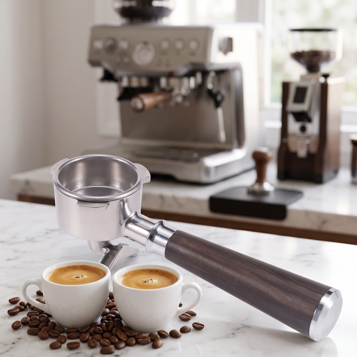 54mm dual-spout portafilter with wood handle on a marble espresso bar with two espresso cups