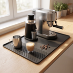 Silicone espresso machine mat under an espresso machine and grinder on a wood kitchen counter