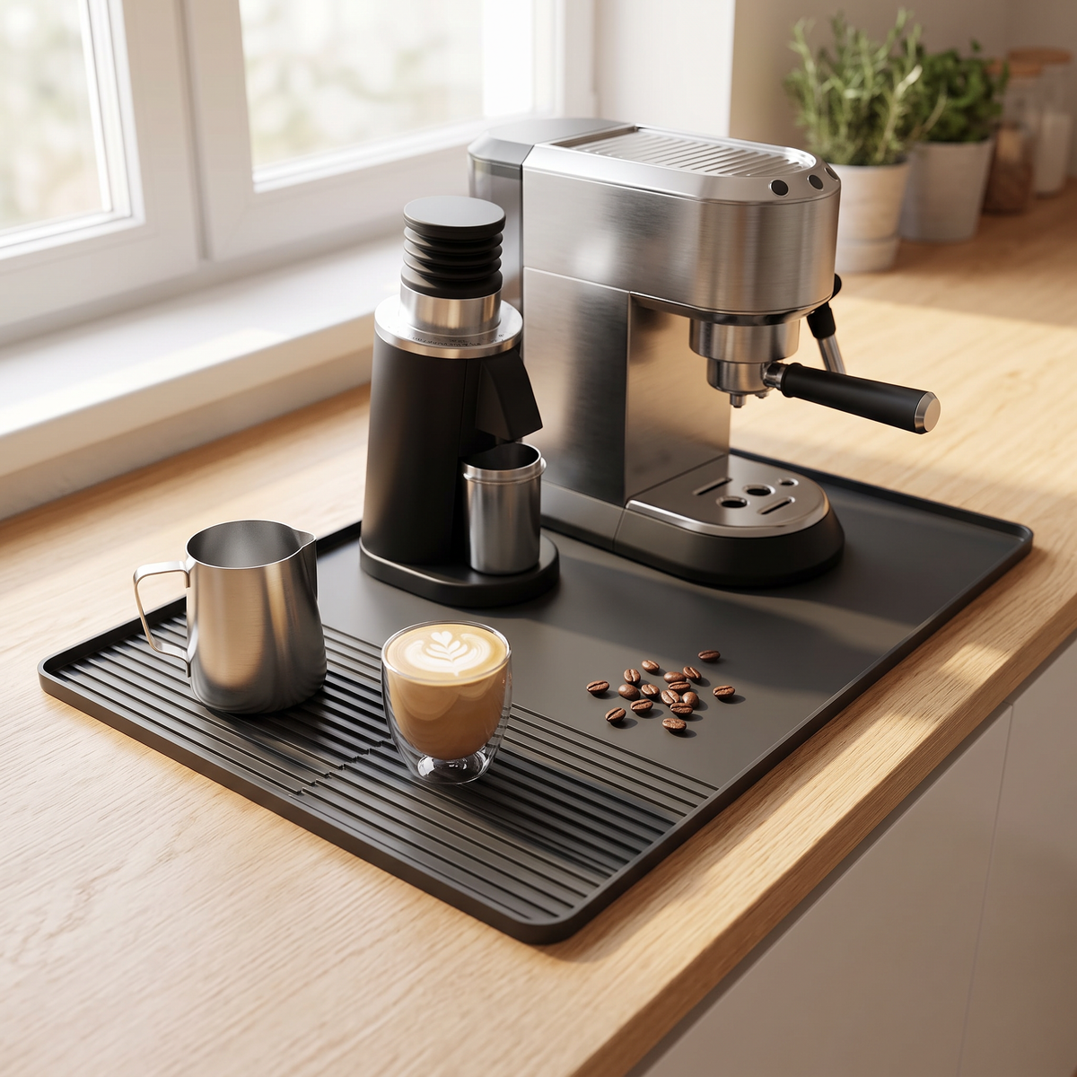 Silicone espresso machine mat under an espresso machine and grinder on a wood kitchen counter