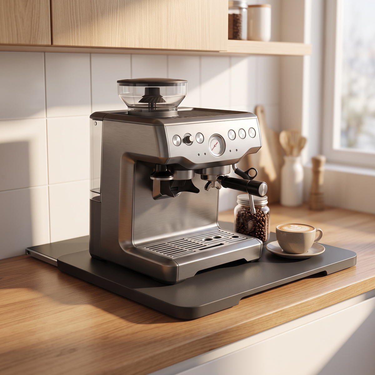 Bamboo sliding tray with a home espresso machine on a kitchen counter under cabinets