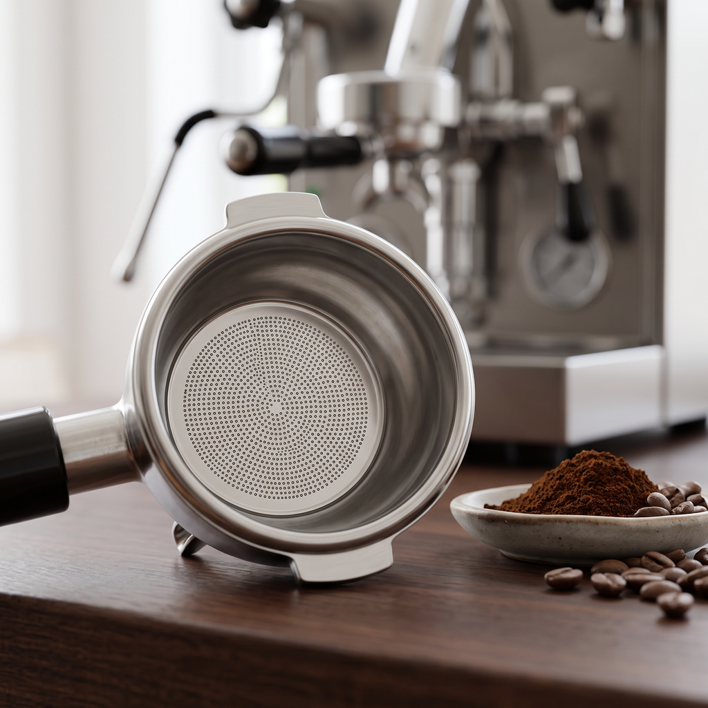 Ultra-thin espresso basket filter screen in a portafilter basket on a walnut espresso bar