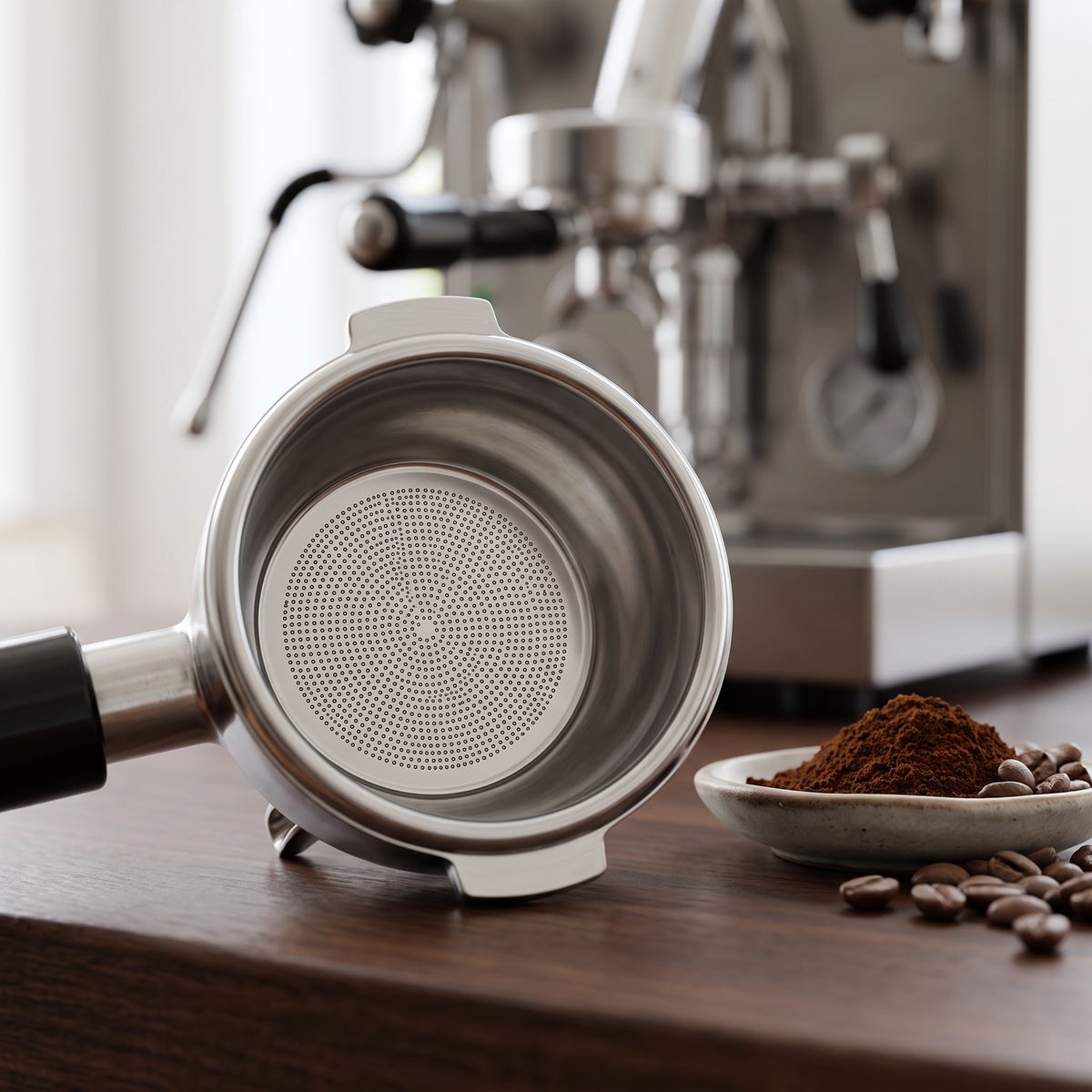 Ultra-thin espresso basket filter screen in a portafilter basket on a walnut espresso bar