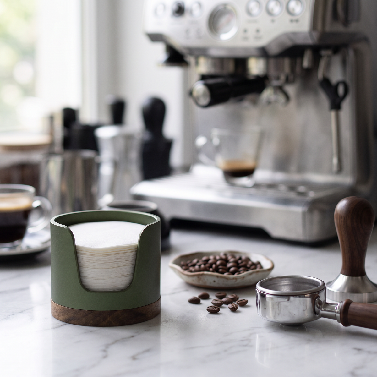 Aluminum espresso filter paper holder with round papers on a marble coffee station